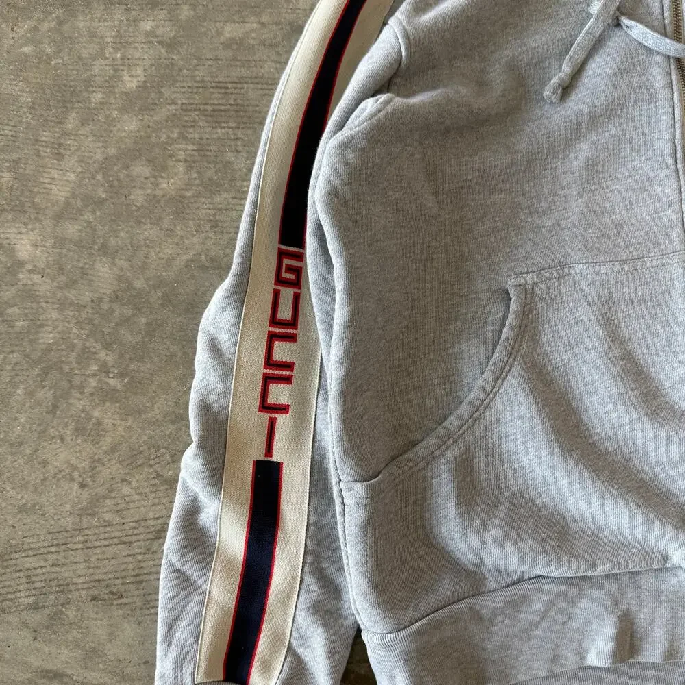 Gucci Mens Grey Cotton Web Stripe Logo Zip Up Hoodie Size Medium